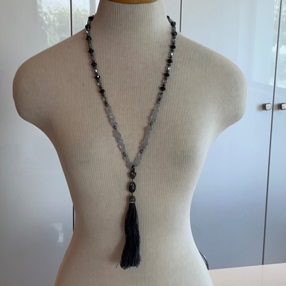 Lulii Blu, Boho Black and Gray Beaded Necklace with Tassel, Hand Knotted